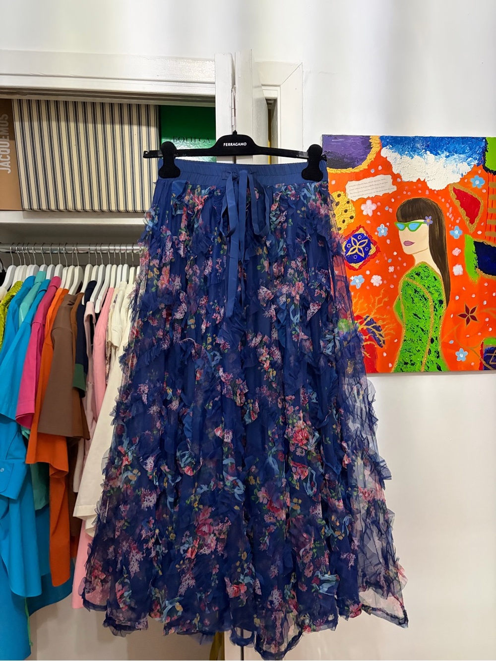 Salvatore Ferragamo Navy Floral A-Line Midi Skirt